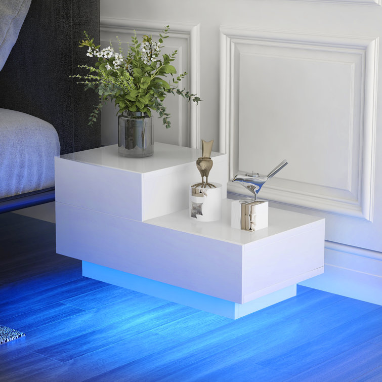 Ivy Bronx Bedside Table High Gloss White Side Table With RGB LED Light